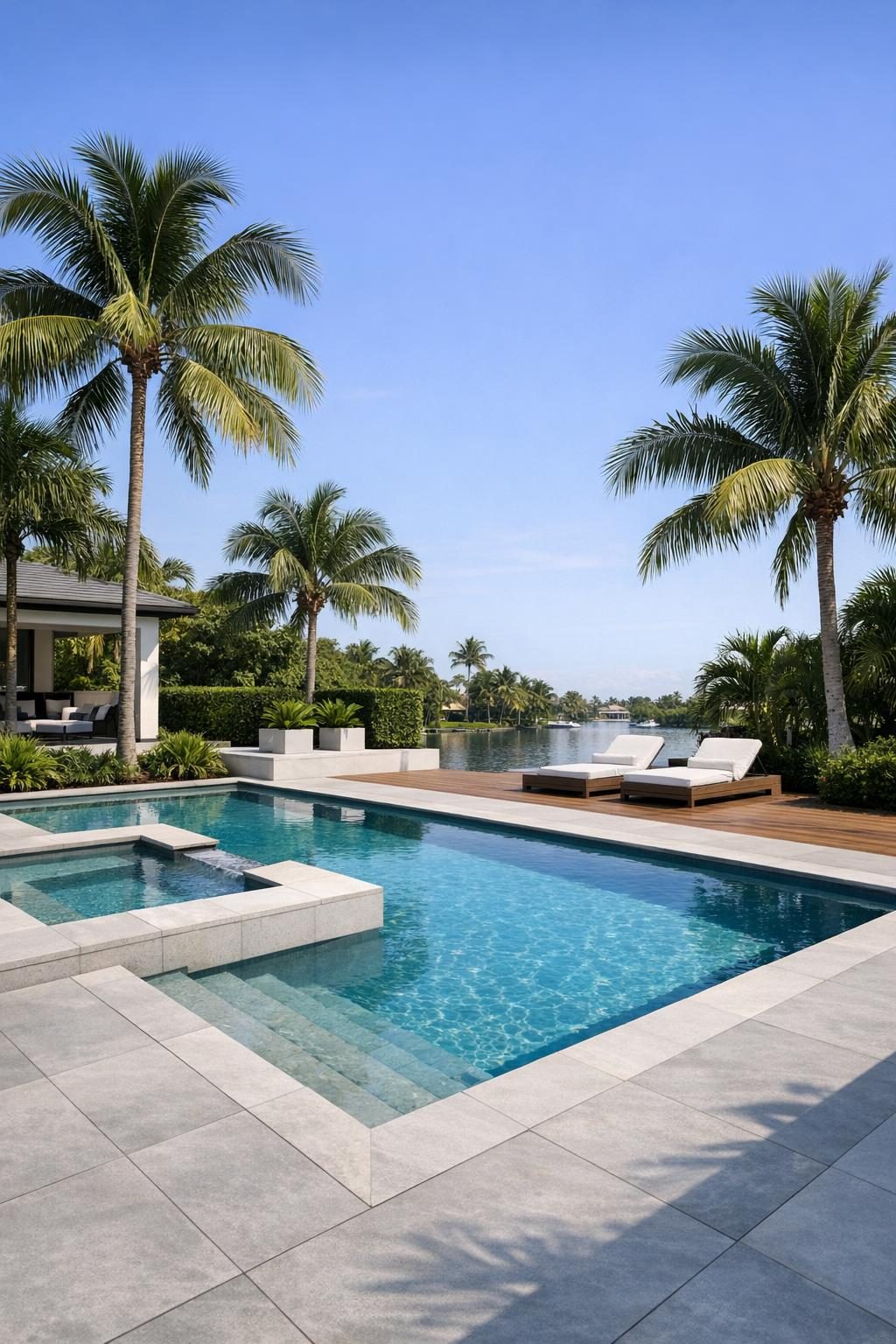 a completed pool with palm trees